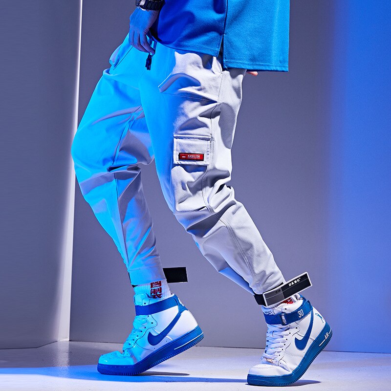 Mænd rød elastisk talje haremsbukser mænd streetwear punk hip hop fritidsbukser joggers mænd dansende bukser joggingbukser  wg244: Sølv-hvid / Xxxl