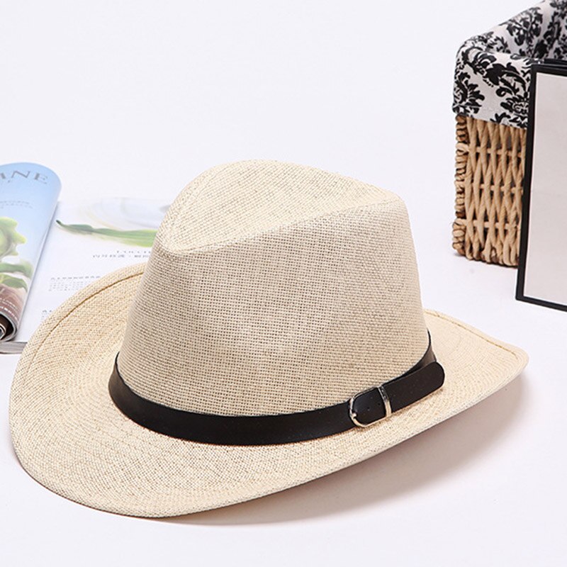 Men Straw Cowboy Hat Classic Western Cowboy Sun Hats for Summer Beach -OPK: Beige