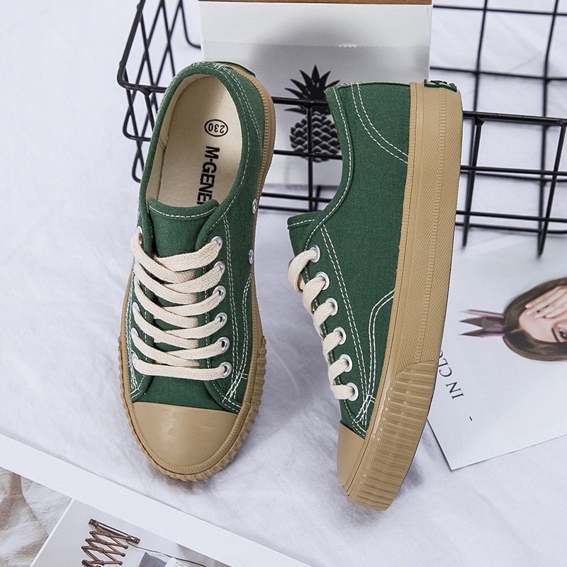 Qwedf vulcanize zomersneakers dames sneakers leren canvas schoenen klassieke tennisschoenen voor vrouwen casual katoenen schoenen dames  d3-20: Groente / 6