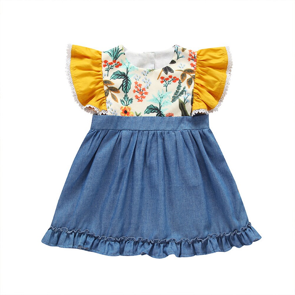 Meninas costura floral denim plissado onda saia laço guarnição vestido: 9 m