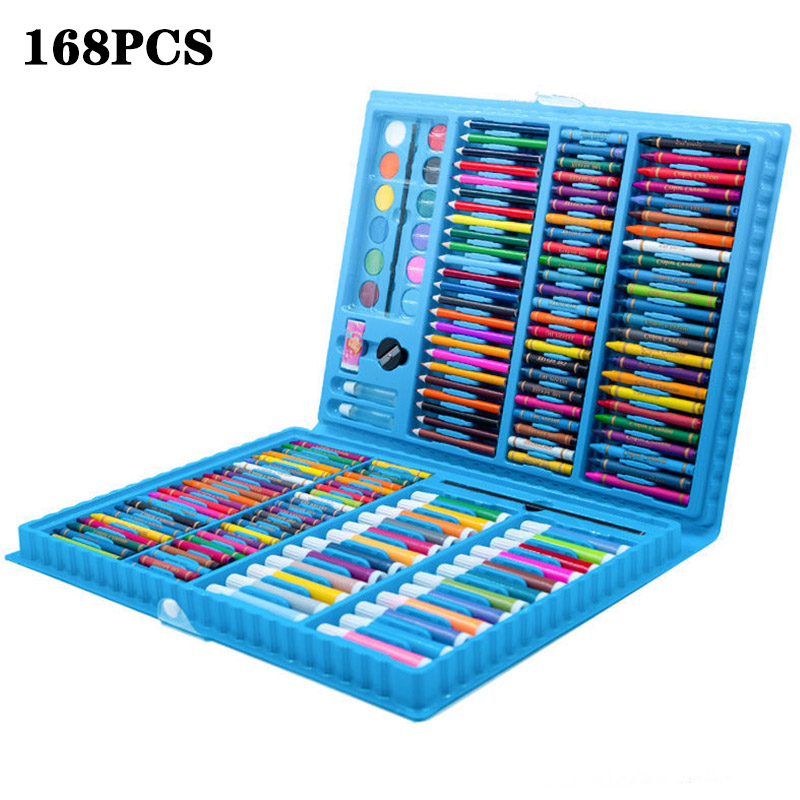 Children&#39;s Drawing Set Pencil Crayon Watercolor Pens With Drawing Board School Water Painting Supplies Educational Toys: 168 PCS Blue