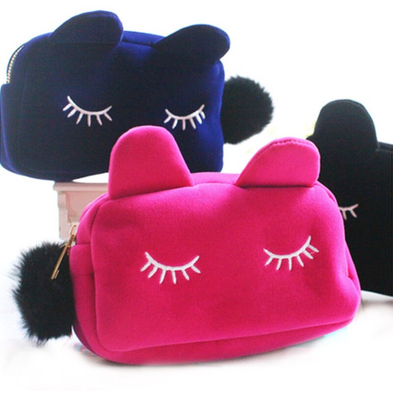 Vrouwen Cosmetische Tas Leuke Pom Pom Kat Patroon Makeup Case Vrouwelijke Organisator Tas Blauw Etui