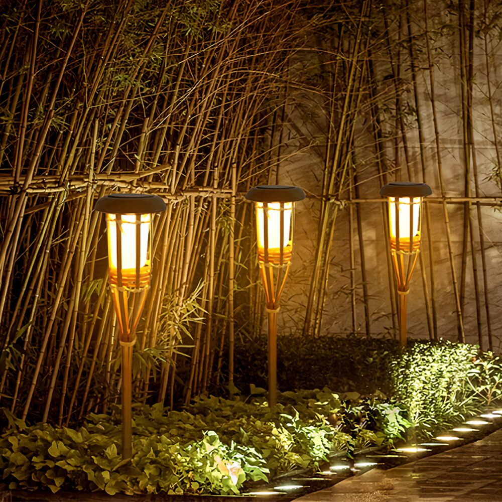 1 pc bamboe zaklampen op zonne-energie, intelligente warmgele tuinpadverlichting voor binnentuin en huis