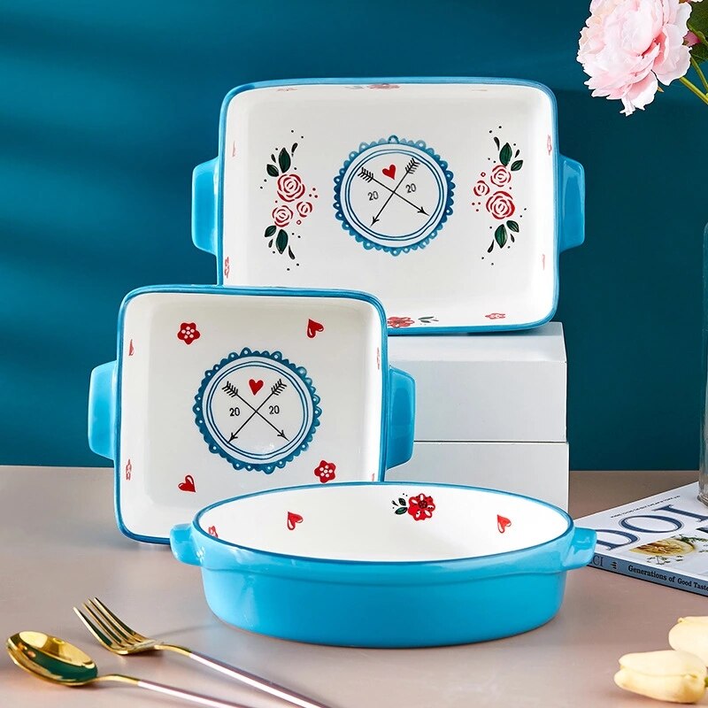 Liefde Netto Rode Gestreepte Bakplaat Twee-Oor Ronde Vierkante Schotel Thuis Bestek Magnetron Kaas Rijst Plaat