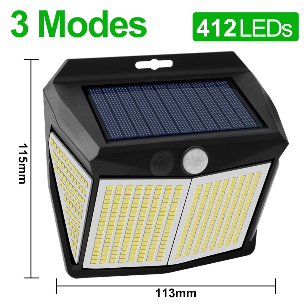 Luces solares 412 LED impermeables alimentadas por luz Solar, lámpara de pared de calle con 3 modos y Sensor de movimiento para decoración de Patio y jardín al aire libre: 412 LED-1 Piece