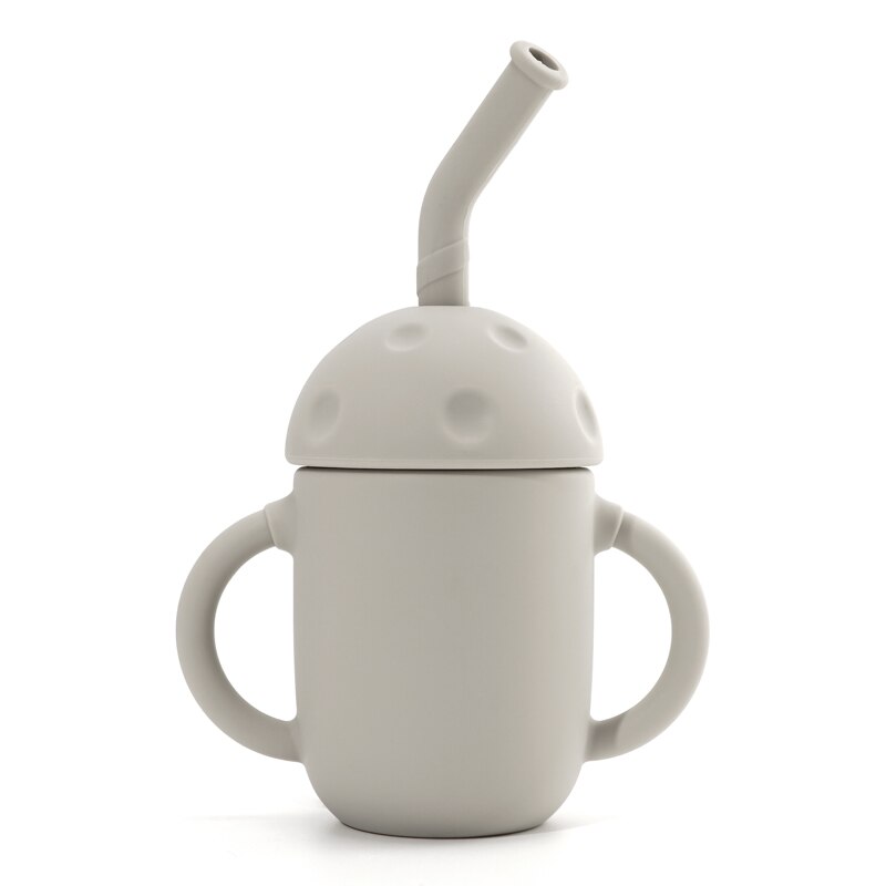 Tasse à champignon en Silicone pour enfants, avec paille, à Double poignée, isolation thermique, en Silicone souple, facile à nettoyer: 013 light grey