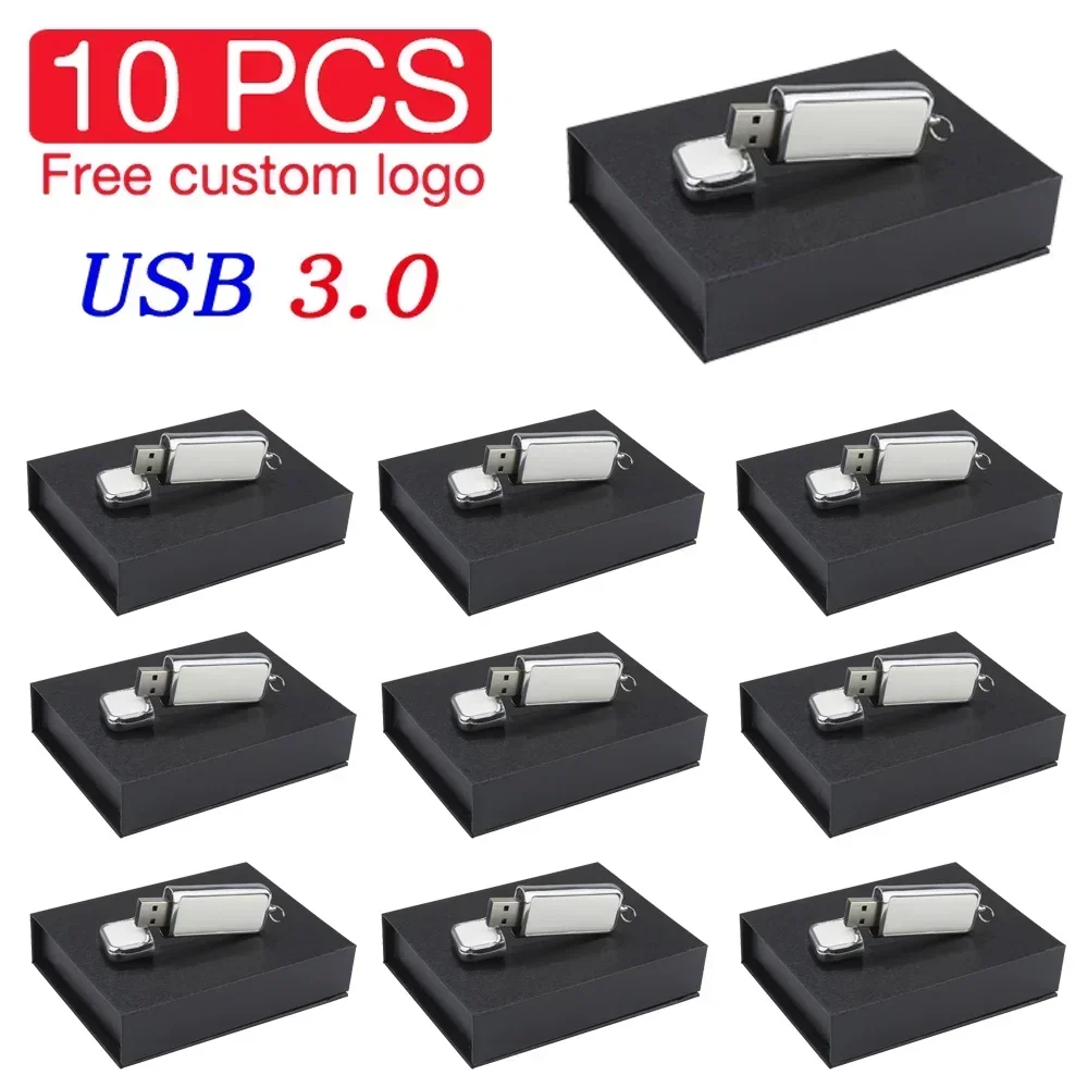 Unidad Flash USB 3,0 de cuero de alta velocidad, 128GB, 64GB, logotipo impreso personalizado gratis, memoria Flash, caja de de cumpleaños, 10 Uds.: Morado / 4 GB