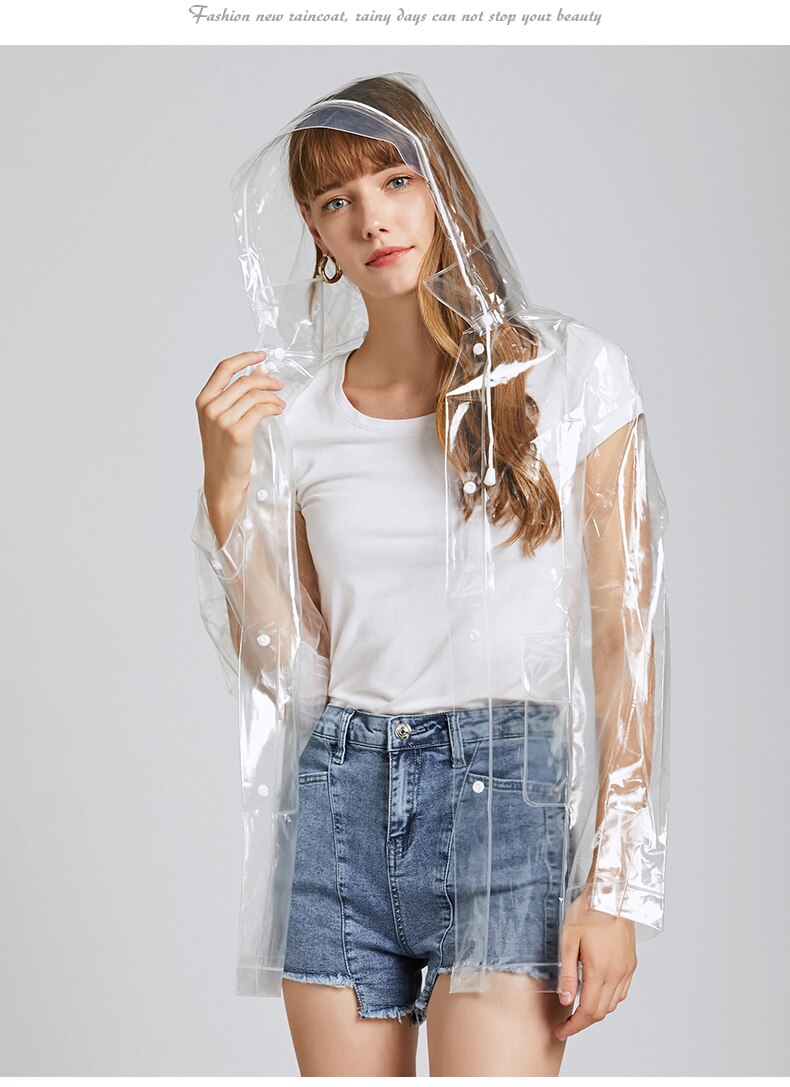Women Clear Raincoat EVA Waterproof Rain Jacket Coat with Detachable Hood