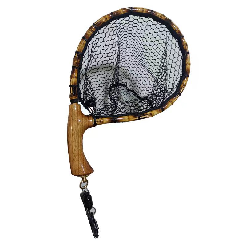 Rede de pouso de pesca com mosca com cabo de madeira, estrutura de madeira, malha de borracha macia, redes de nylon impermeáveis com liberação magnética: Default Title