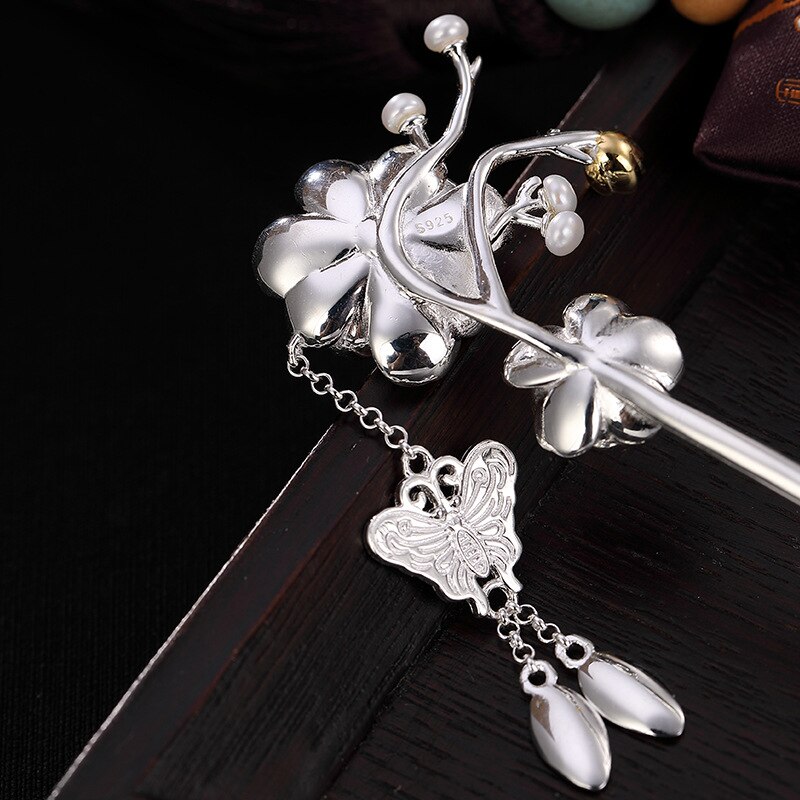 925 Sterling Silber Haar Stock für Frauen Pfingstrose Blume Haarnadel Haar Zubehör mit Schmetterling Anhänger Headwear Schmuck