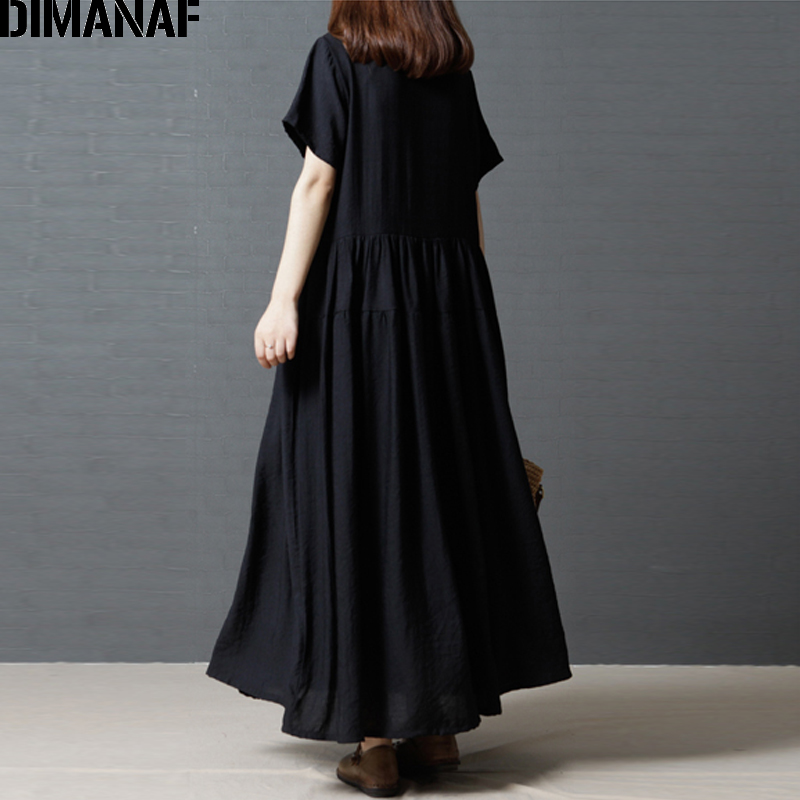 Dimanaf kvinder sommerkjole plus size linned kvindelig dame plisseret vestidos solid sort løs vintage lang kjole m -2xl