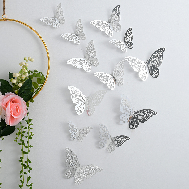 Autocollant mural papillon ajouré 3D, 12 pièces/ensemble, or argent, Rose, décoration de mariage, décor de salon, de maison
