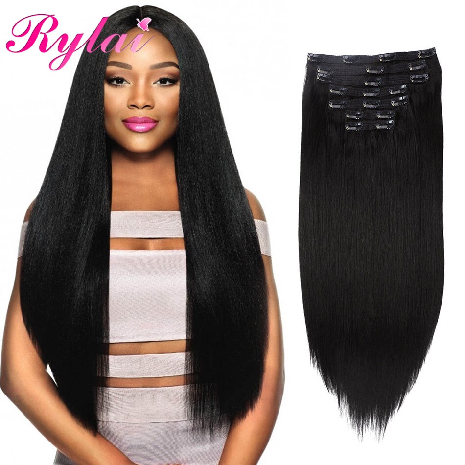 Synthetic Clip-in Extensions Long Straight Hairpieces 24 Inches 7Pcs/Set 20 Clips Black Brown Blond Color For Women RYLAI: #1B