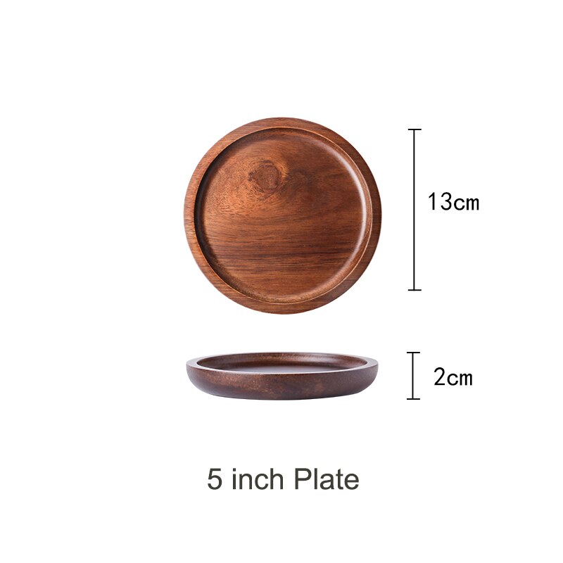 MUZITY Round Solid Wood Plate Dessert Dinner Plate Wooden Saucer Tea Tray Whole Acacia Wood Tableware Set: 5 inch round plate
