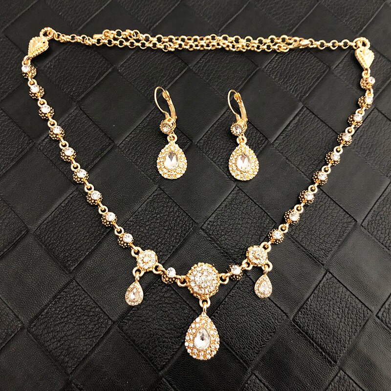 Algerijnse Handgemaakte Sieraden Kristal Bruiloft Haar Accessoires Metalen Hoofddeksel Sieraden Set Hoofd Ketting En Oorbellen Water Shape: Licht Geel Goud Kleur
