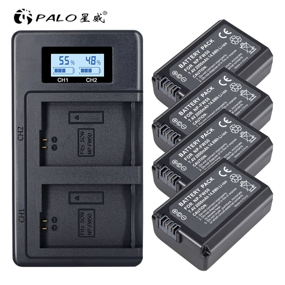 PALO 2pc NP-FW50 NPFW50 Camera Battery+LCD USB Dual Charger Fast Charge for Sony Alpha a6500 a6300 a6000 a5000 a3000 NEX-3 a7R: 4 battery 1 charger