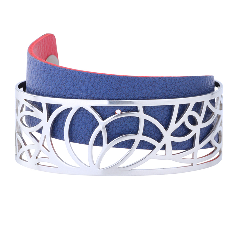 Koaem Rvs Armband Femme Acier Inoxydable De Luxe Manchet Bangle Abstract Patroon Verwisselbare Lederen Sieraden