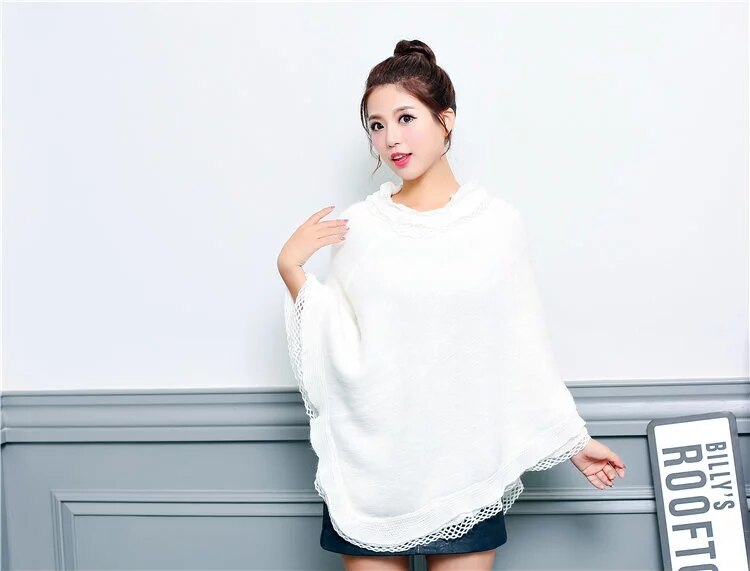[visuelle aksler] ensfarvet pels cape poncho vinter kvinder frynser hæklet fleece poncho frakker sweater: Hvid