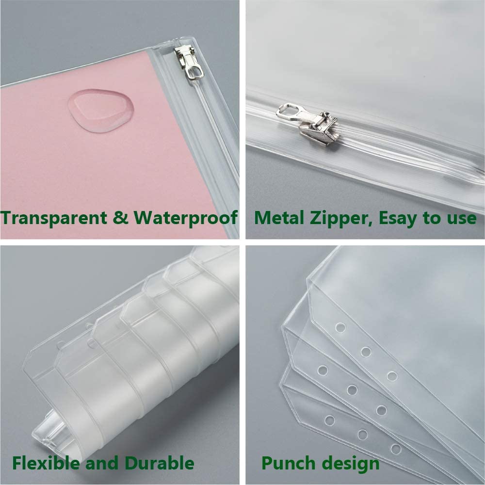 A5 A6 Clear Binder Pockets with Metal Zipper 6-Hole Punched Binder Pocket for 6-Ring Notebook Binder Pouch Organizer for Cashs