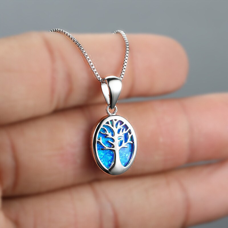 Geometrisk livstræ vedhæng halskæde blå opal sten bryllup halskæde 925 sterling sølv kæde halskæder til kvinder smykker