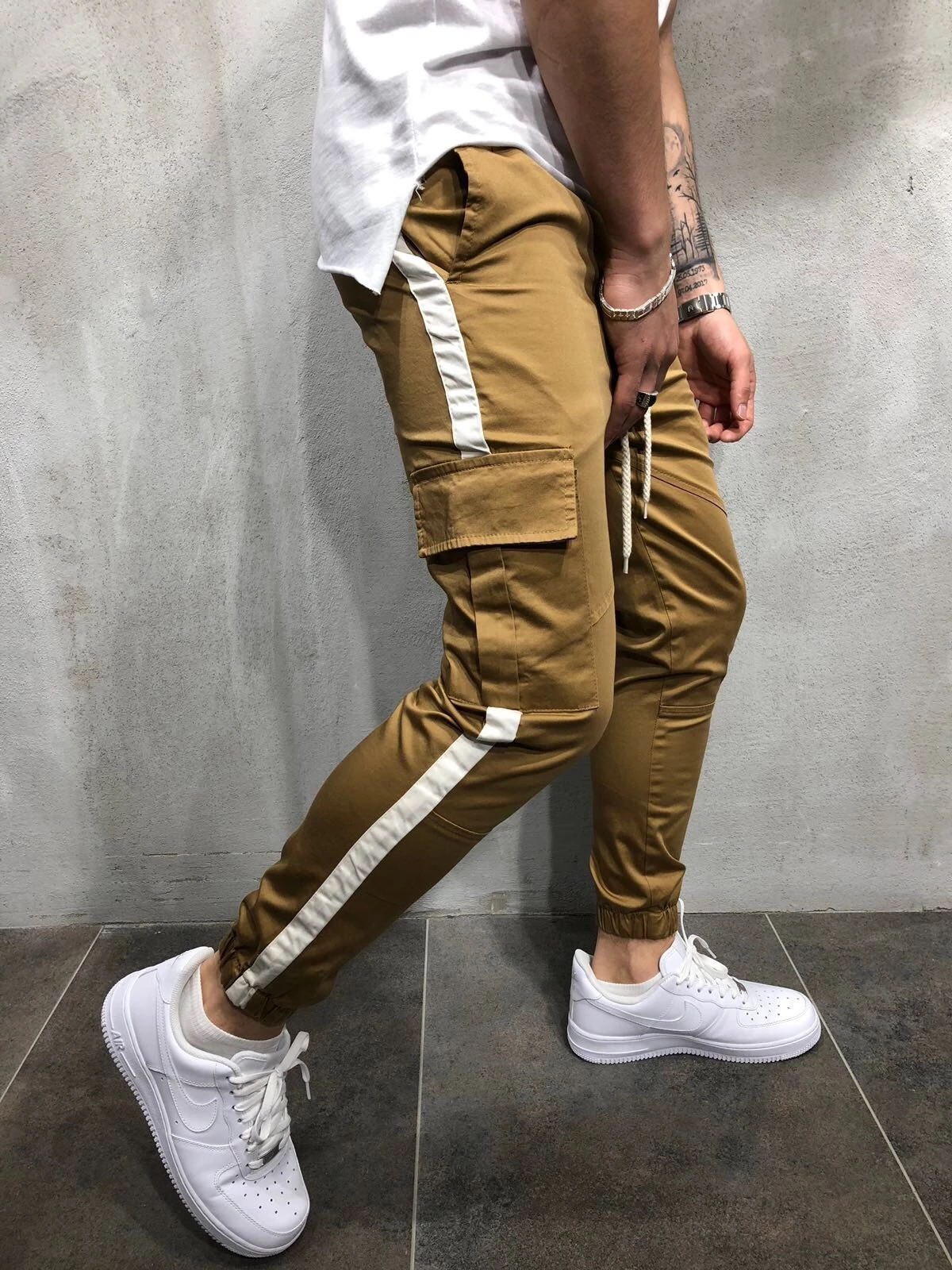 Pantalon de Sport multi-poches pour homme, vêtement de à la , de gymnastique, de musculation, de Fitness: brown / XL