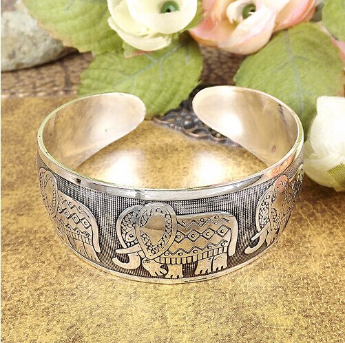 Vintage Manchet Armband Tibetaans Verzilverd Gesneden Olifant Geometrische Dier Opening Bangle Verstelbare Indian Sieraden Vrouwen