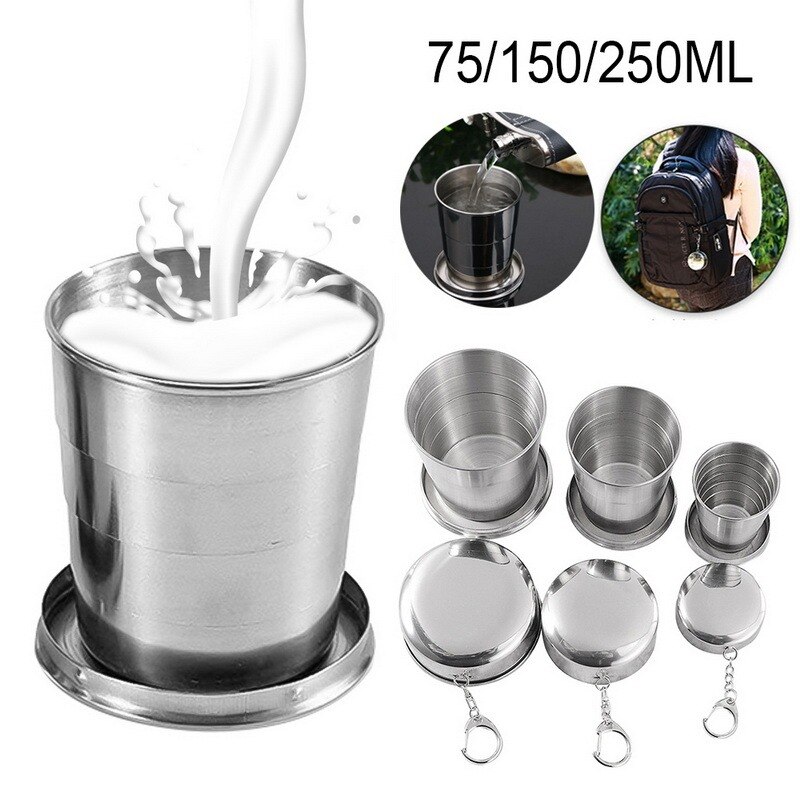 Taza plegable de acero inoxidable con llavero, vasos plegables telescópicos retráctiles portátiles, taza para beber agua para exteriores