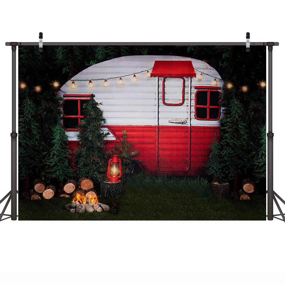 Wilde Kerst Picknick Party Achtergrond Fire Jungle Barbecue Houten Photocall Rood En Groen Wit X-Mas Bomen Achtergrond Nacht