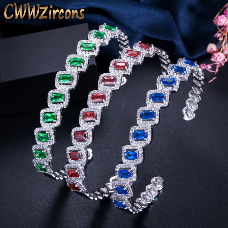 CWWZircons Silver Color Micro Pave Green Blue Cubic Zirconia Stone Love Open Cuff Ladies Bangles Jewelry for Wedding Party BG030