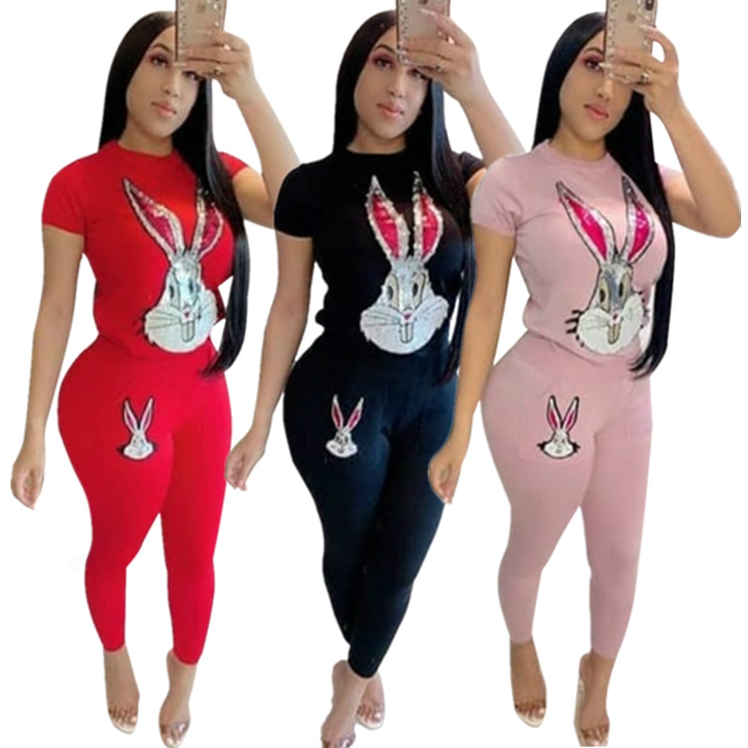 Outdoor sports cartoon print slim two-piece suit Short-sleeved round neck t-shirt ankle length pants casual women's clothing