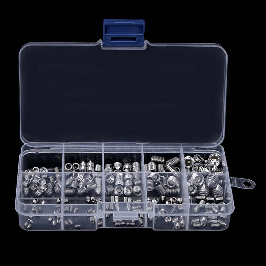 200Pcs M3/M4/M5/M6/M8 Grub Screw Sets Cone Point Hex Socket Stainless Steel Grub Screw for Accuracy Instruments