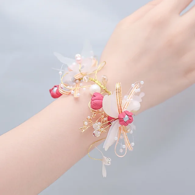 Imitation Pearls Corsage Bracelet Fabric Hand Flowers Girls Bridesmaid Wrist Flowers Wedding Party Accessories Party decor Rose: Orange