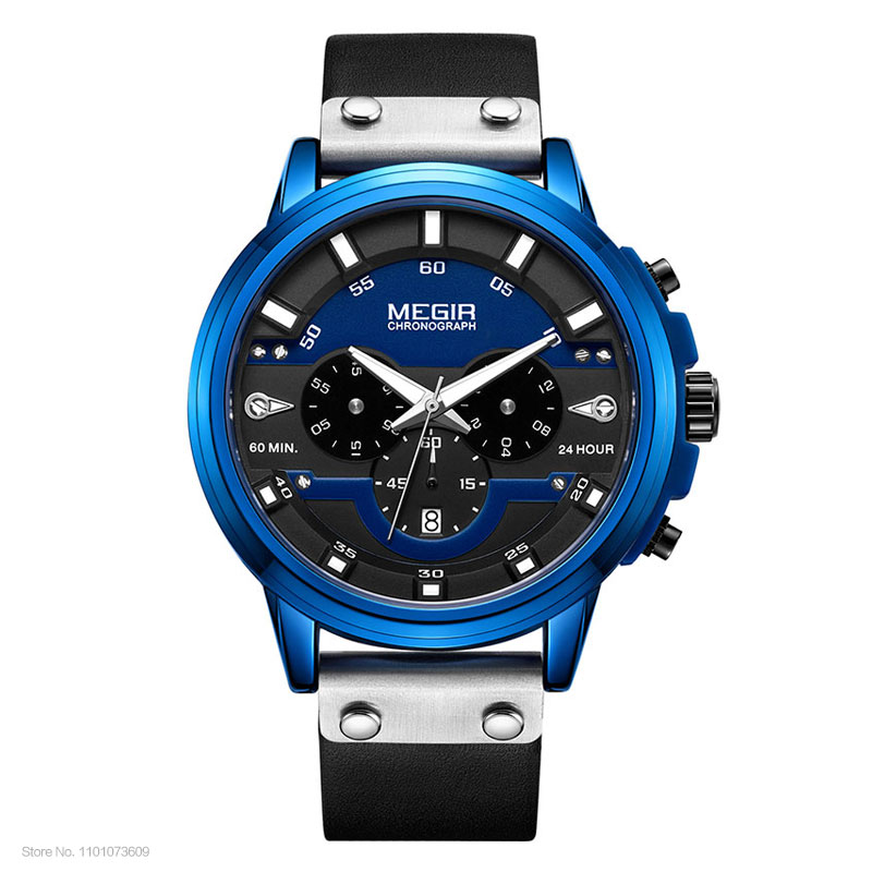 MEGIR 24 Stunden Chronograph Quarz Uhren Wasserdicht Casual Leder Armbanduhr für Mann Leuchtende Hände Sport Uhr 2080 Gelb: Rose