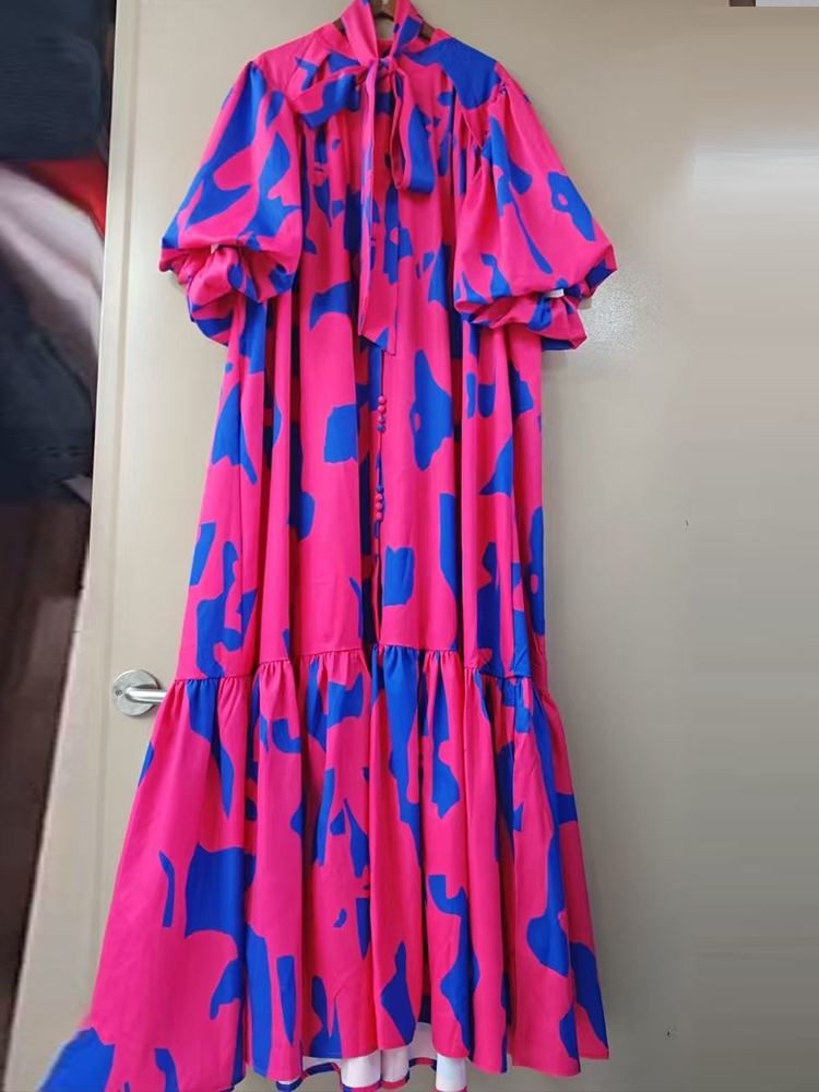 Vestido holgado informal con estampado geométrico de manga corta y burbuja de un solo pecho , vestido con cordones y temperamento para mujer de verano 2025: L / Fucsia