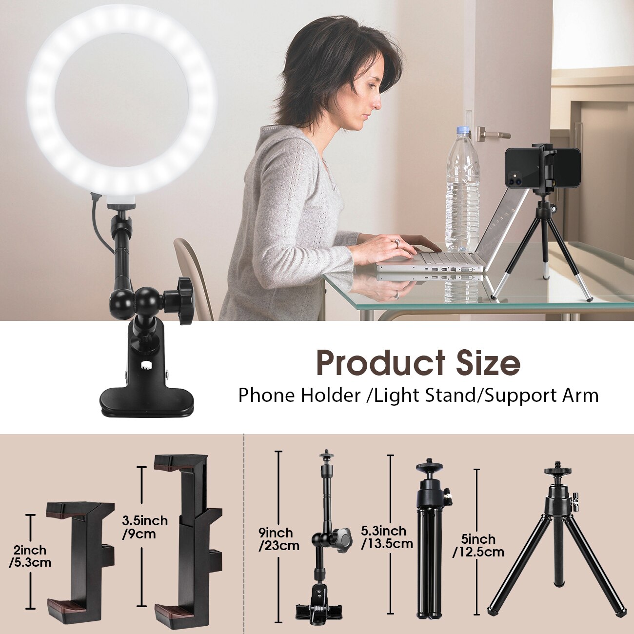 Ring Light for Laptop Computer Video with Clip&Overhead Tripod, LED Selfie 6" Light with Magic Arm&Phone Holder for iPhone