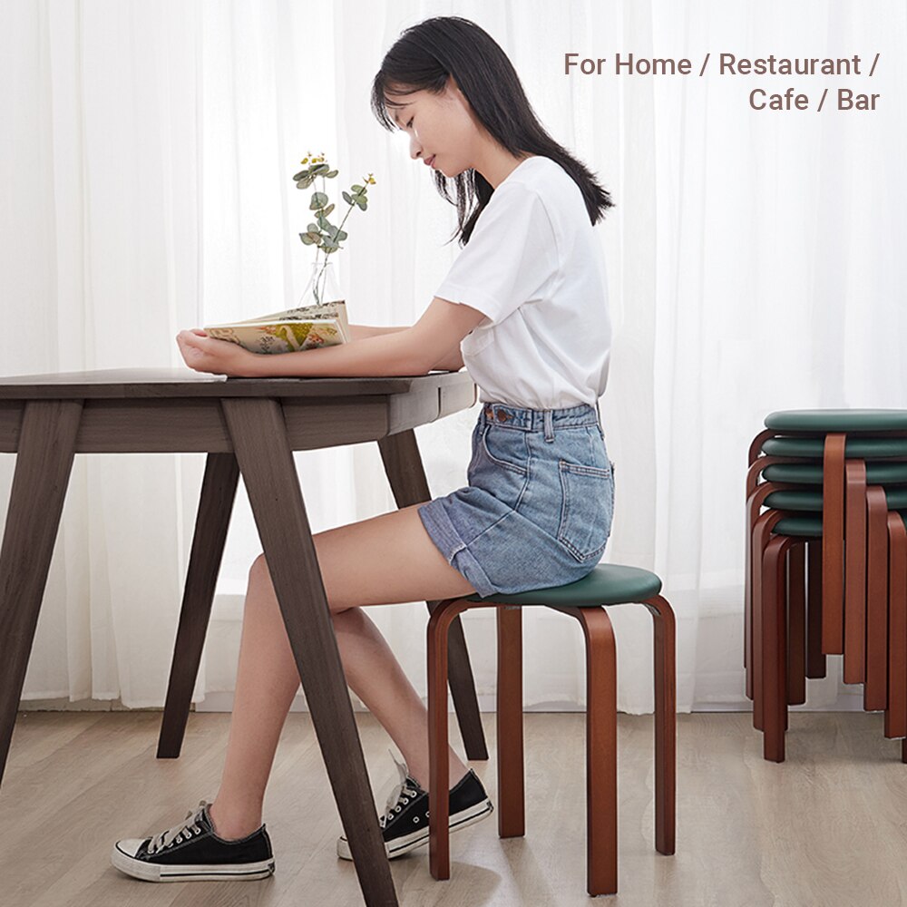 Wooden Stool Solid Wood KD Stool Stackable Leather Cushion Padded Round Stool Backless Chair for Home / Restaurant / Cafe / Bar