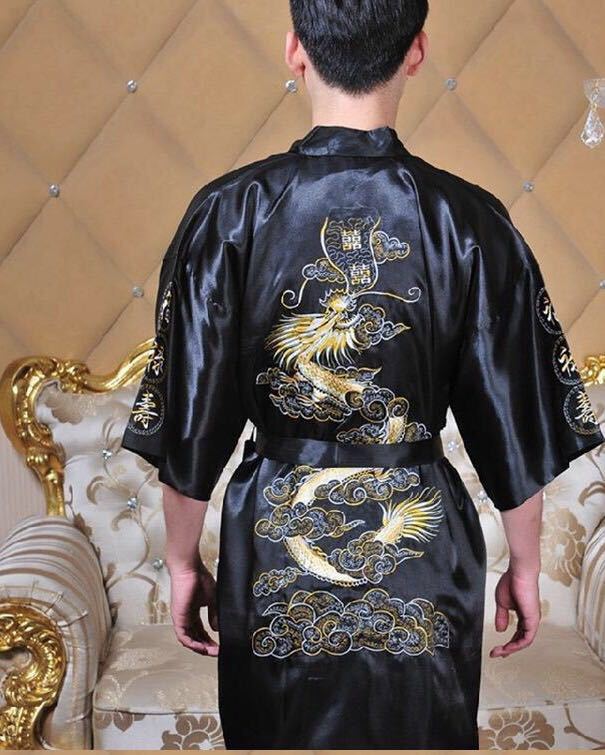 Men Robe V Neck Kimono Sleepwear Nightgown Embroidered Dragon Robe Cardigan Bathrobe Home Clothes Lounge Loose Sleep Dress: XL / Beige