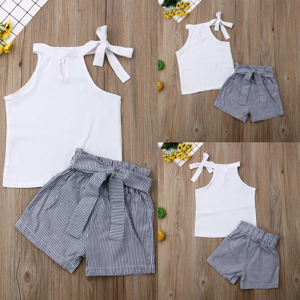 Toddler børn baby piger tøj solid hvid t-shirt toppe + stribede bukser shorts sommer tøj