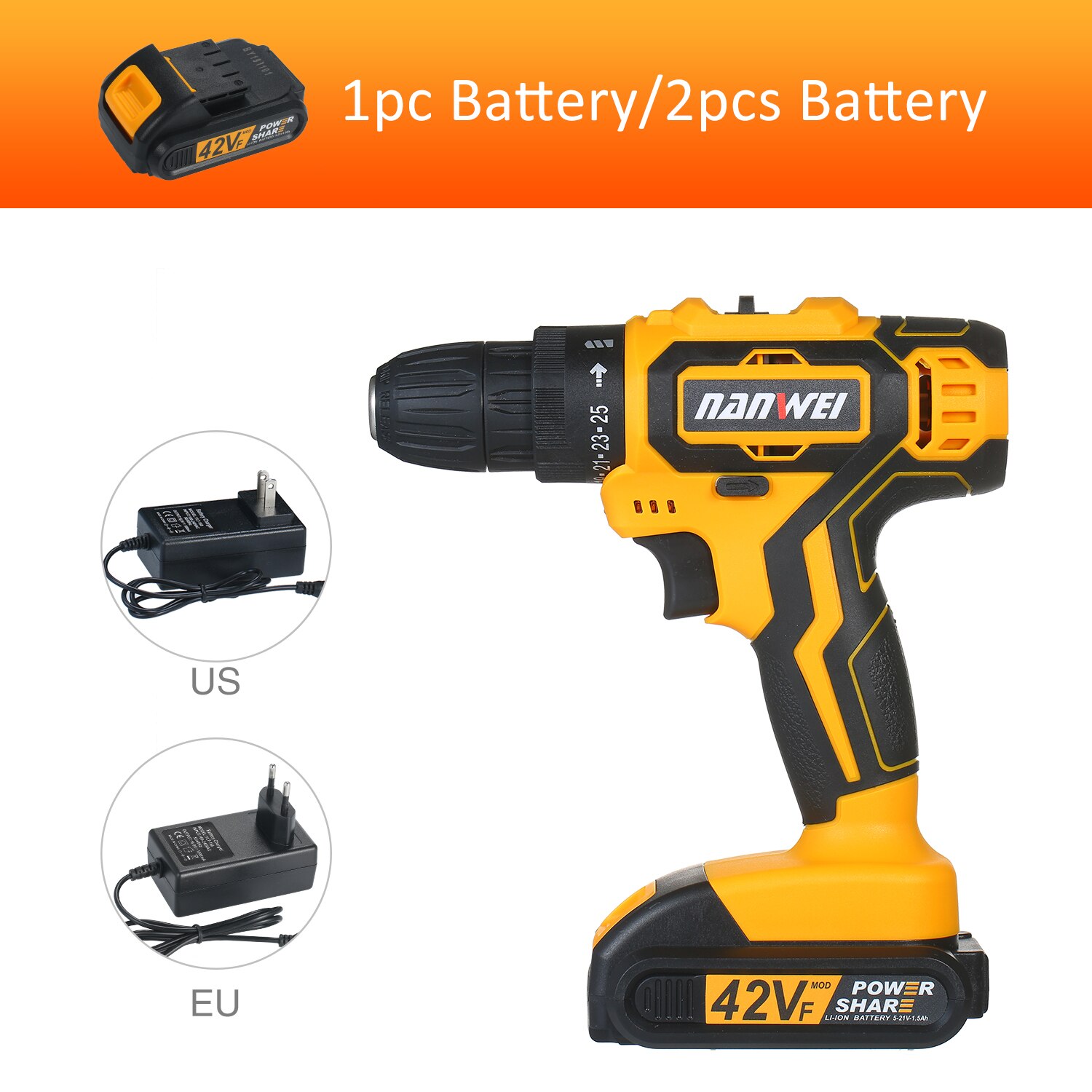 2-Speed Cordless Drill Driver Li-ion Battery Fast Charger 25+1 Clutch Max 35Nm Torque Variable Speed with LED Light Drilling