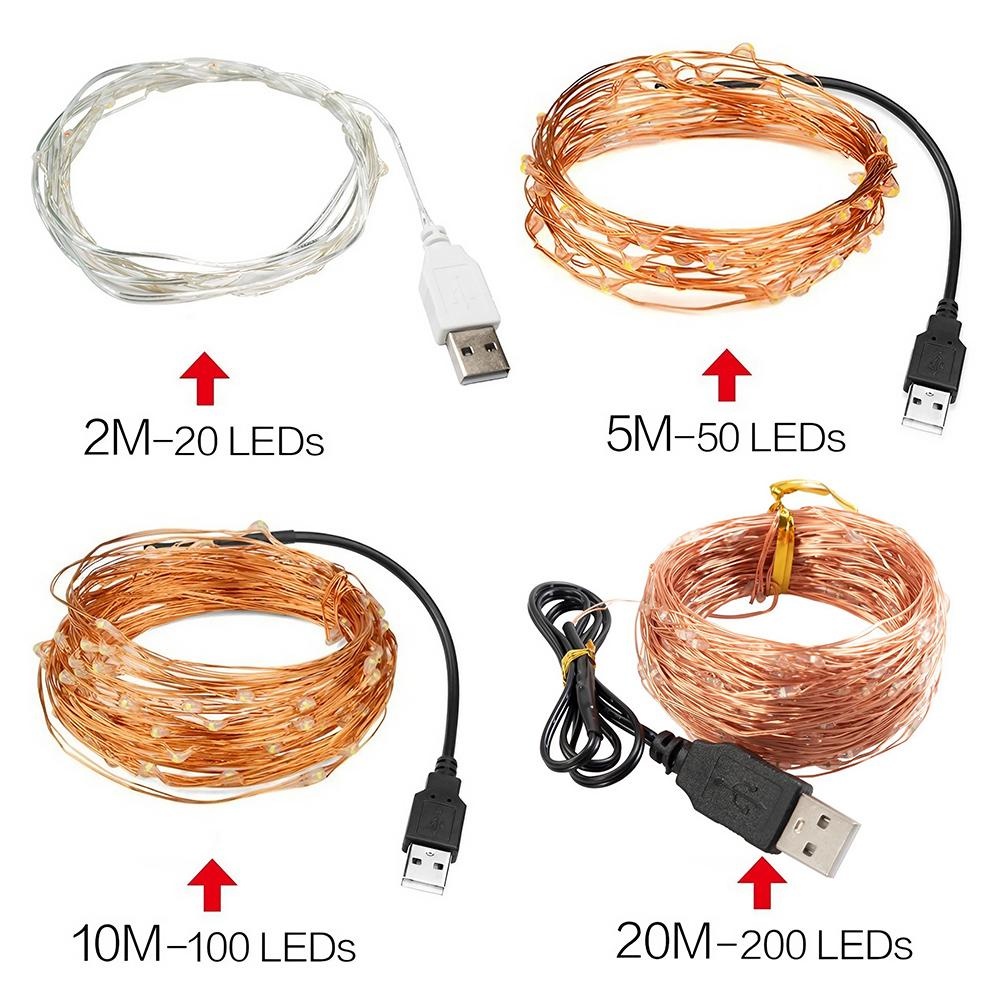 Guirnalda de luces LED USB de 2/5/10/20M para Navidad, , boda, decoración del hogar, árbol de Navidad, luces de hadas intermitentes