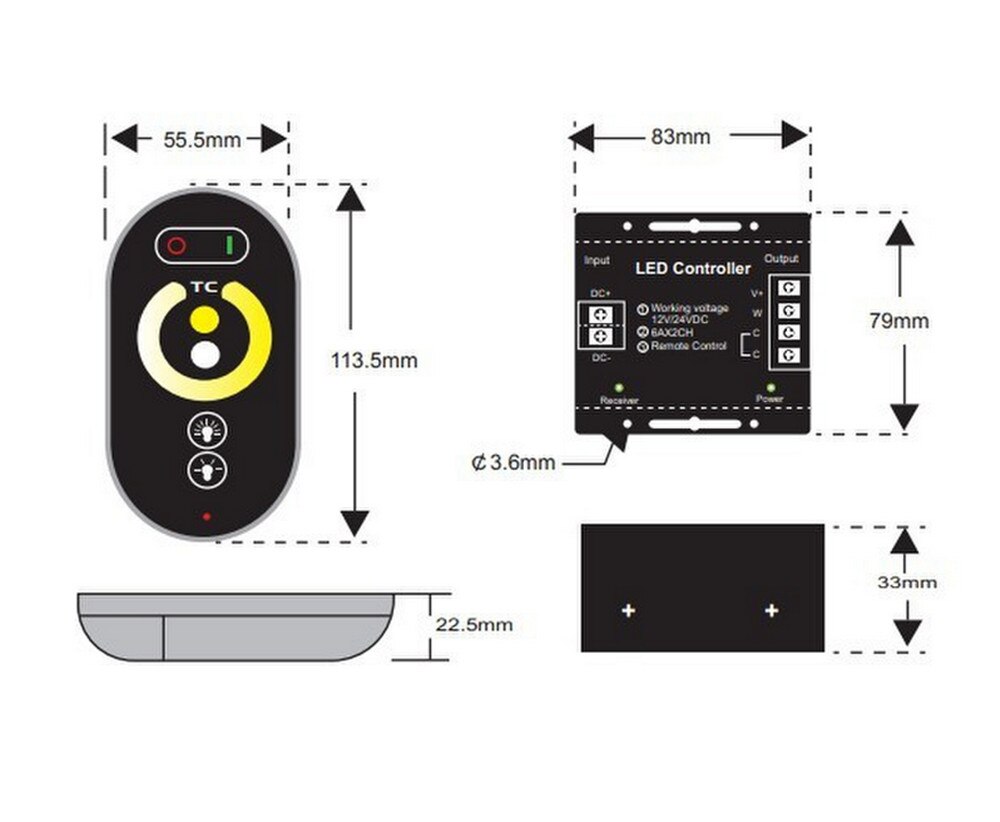 Farvetemperatur led controller lysdæmper  dc12-24v 12a 2 kanals trådløs touch rf fjernbetjening til kølig varm hvid led strip