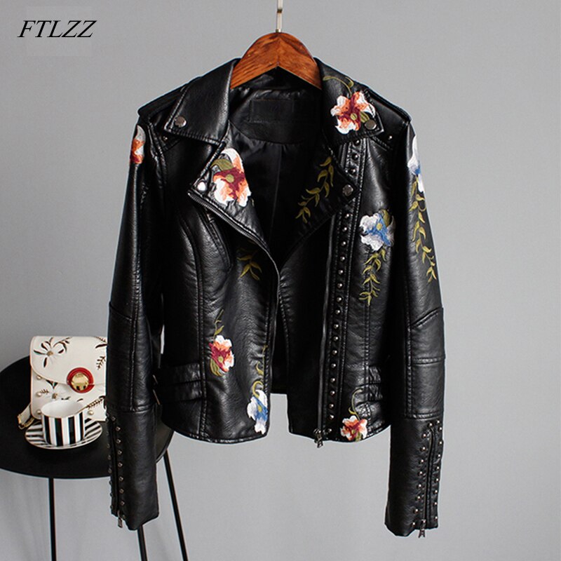 FTLZZ Embroiderry Fleur Femmes Pu Vestes En Cuir D'hiver Femmes Patché Rivet De Luxe Hip Hop Biker Veste Femme Manteaux