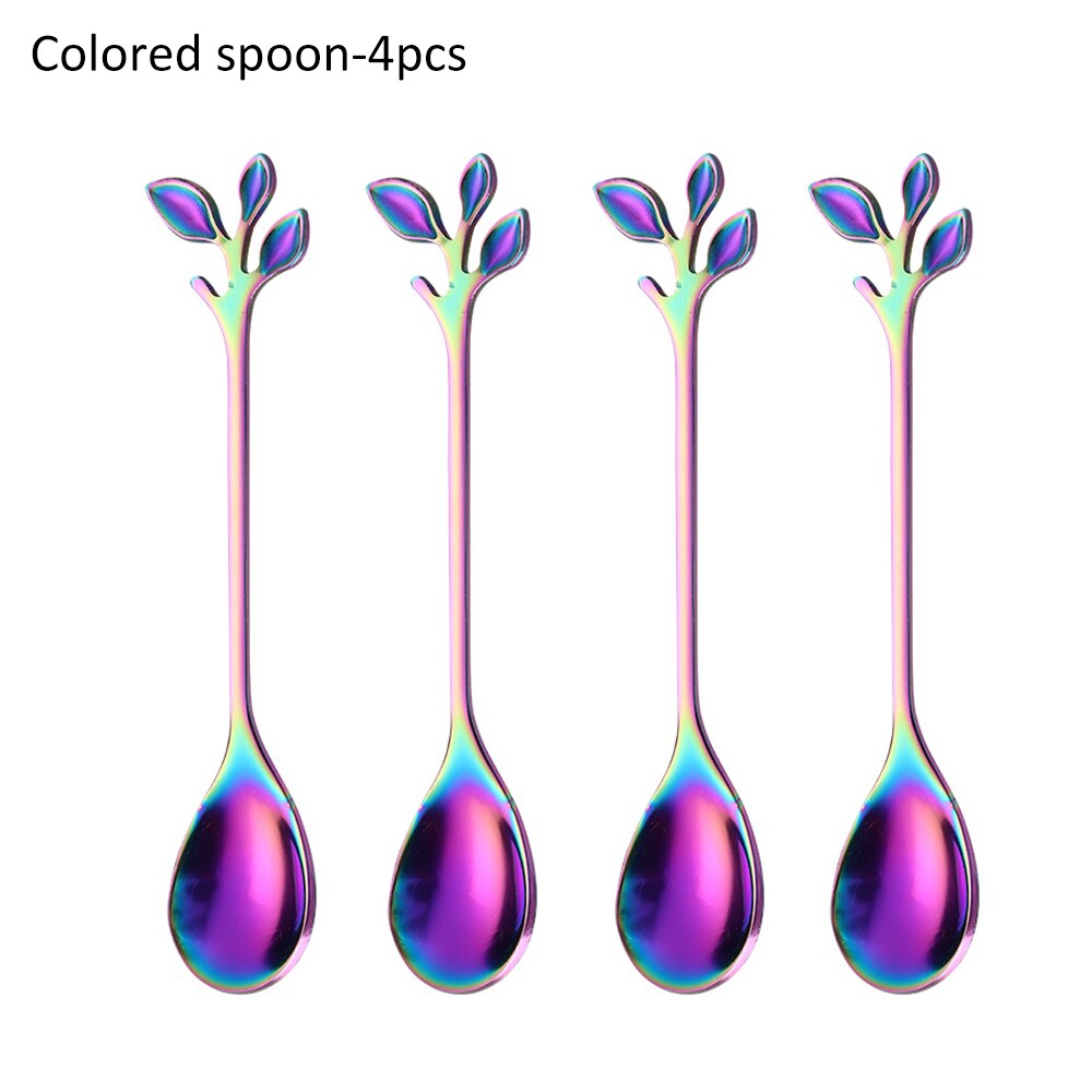 Coffee Stirring Spoon Stainless Steel Branch Leaves Handle Teaspoon Dessert Scoop Fork Kitchen Tableware Christmas: Colored / Spoon