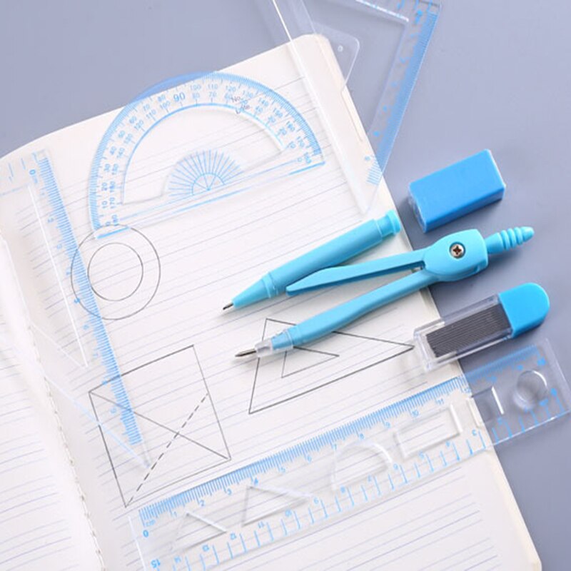 12 Sets Drawing Compasses Ruler Set 7pcs/set School Drafting Tools Student Math Compasses Eraser Cute Stationery