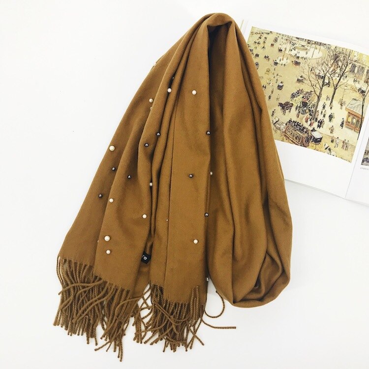 Écharpe de de luxe épais hiver femmes écharpe chaude cachemire étoile perle solide gland châle couverture pour emmailloter Hijab dame écharpe Pashmina: Brun foncé