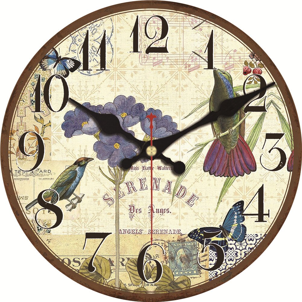 Reloj de pared de madera Vintage con pájaros con flor, país francés, romántico, desgastado, Chic, 12 &quot;, números romanos decorativos grandes, batería analógica: 13403 / 12 inch ( 30 cm )