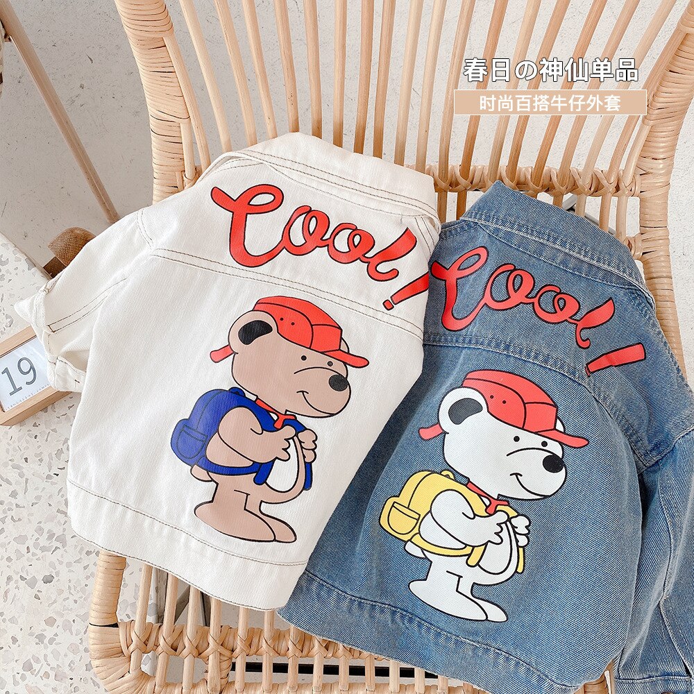 Lente Boy Kleding Cartoon Beer Denim Jas Kinderkleding Meisjes Jas Herfst Unisex Cool White Jean Jas 2-7 jaar Oude Mode