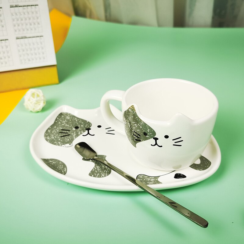 Keramische Kopje Koffie Sets Cartoon Kat Patroon Kopje Thee Dessertbord Outfit Leuke Koffie Kop En Schotel Set Geven weg Lepel: unilateral gray cat