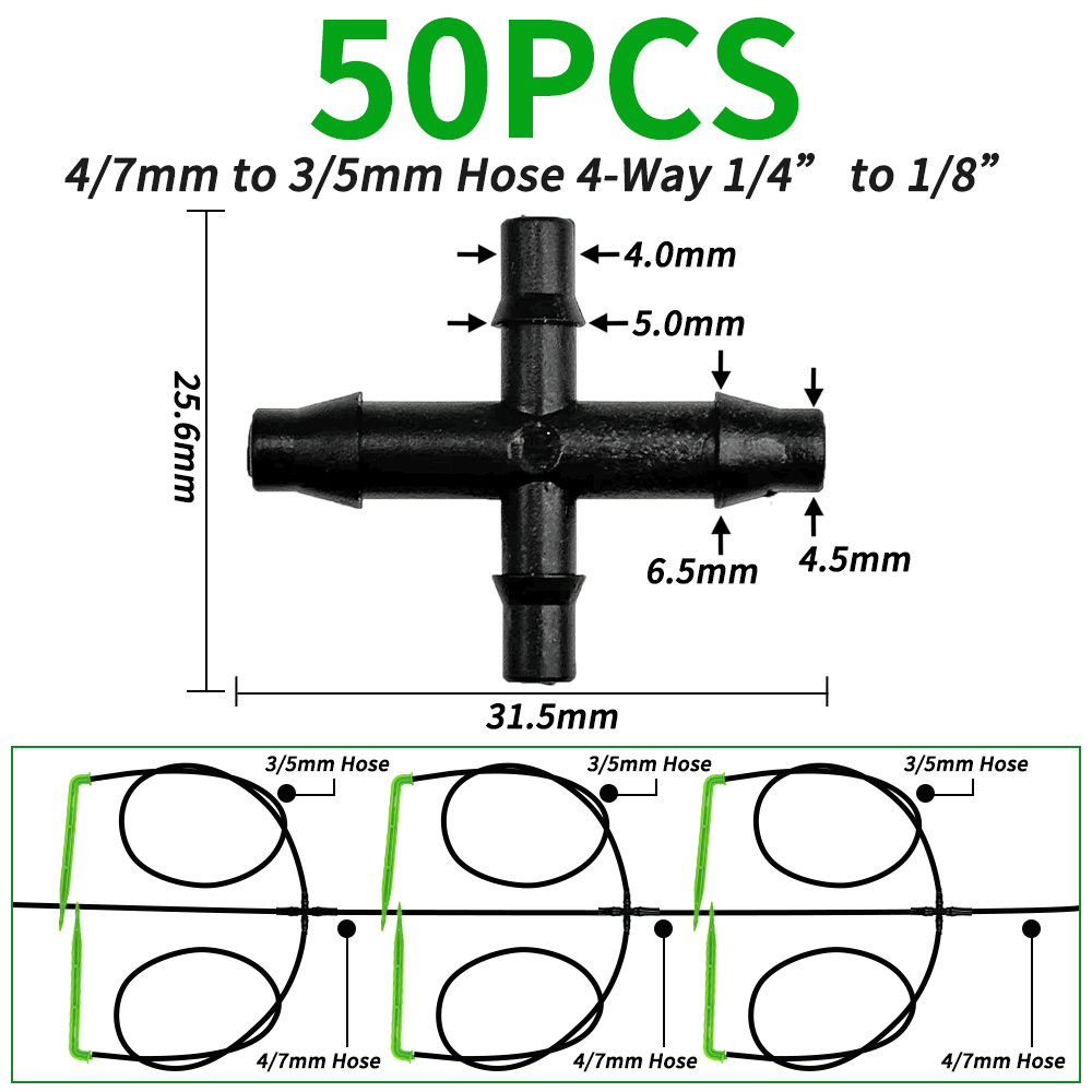 OASIS-manguera recta de 3/5mm con púas de 20 piezas, conector rápido de riego por goteo para jardín, con divisor de 2 vías y 4 vías
