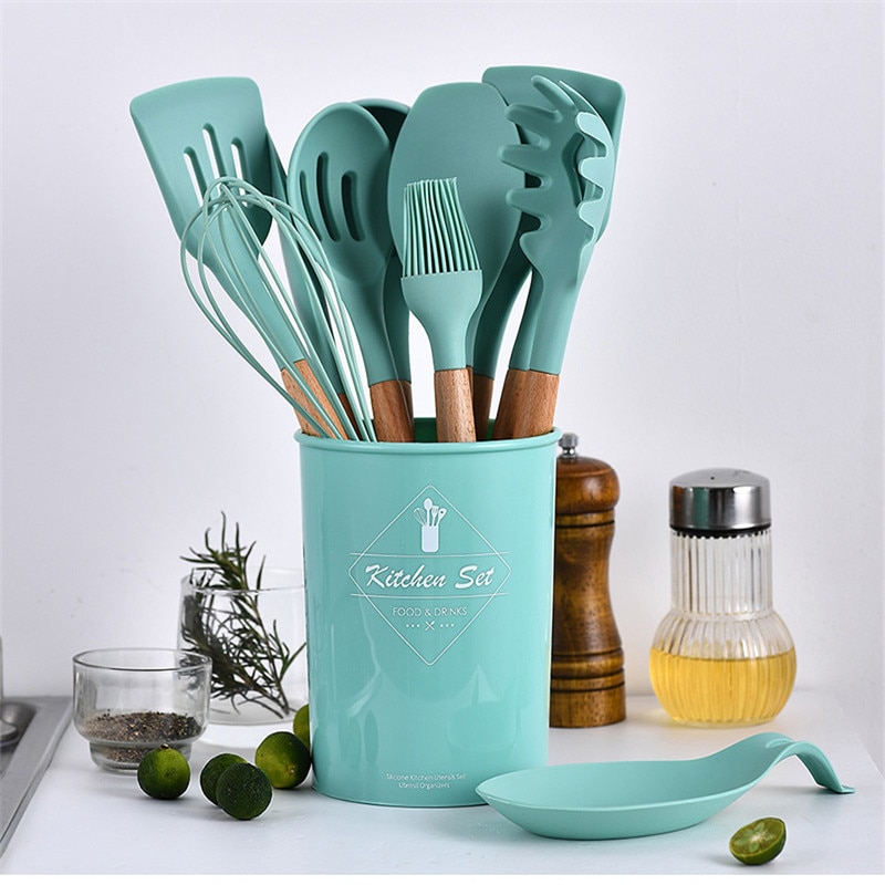 Silicon Kitchen Utensil Set 11 Pieces Kitchenware Set with Wooden Handle Nonstick Cookware Green Kitchen Tools